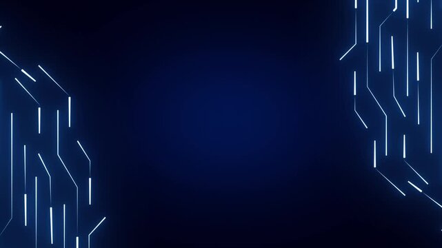 Technology background animation displays circuit tracks on dark. Motherboard processor telemetry routes on background. Modern computing data powers background.