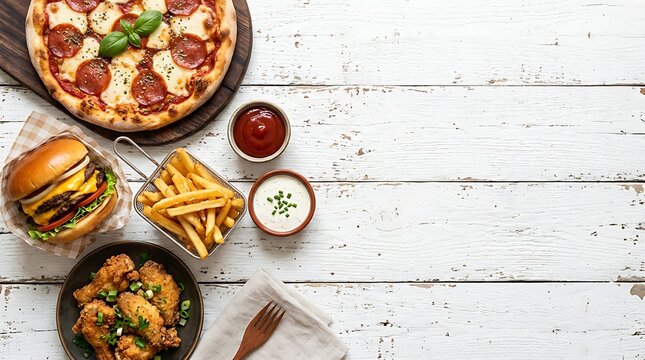 Top view of assorted fast food including pizza burger french fries and chicken wings on white wooden table