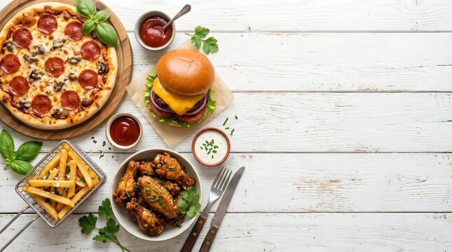 Top view of a delicious fast food spread featuring pepperoni pizza burger fries and chicken wings on white wood