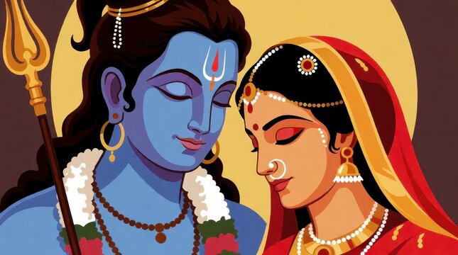 Lord Shiva and Goddess Parvati illustration for Maha Shivaratri festival celebration