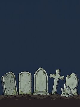 Vertical illustration of weathered gravestones in a graveyard against a dark blue background with copy space