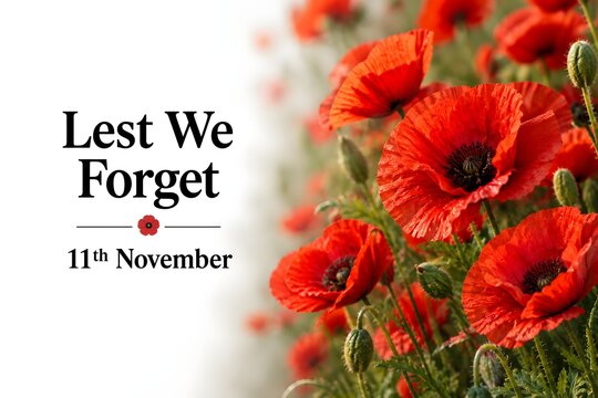 Remembrance day poppies with lest we forget message and november eleventh date