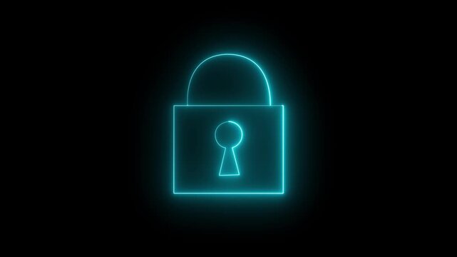 Glowing neon violet color security lock icon animation encryption privacy protection secret padlock icon on black background 4k video