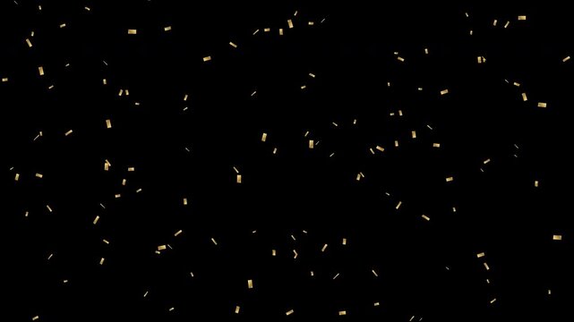 Golden confetti falling slowly against a black background, shiny party particles backdrop