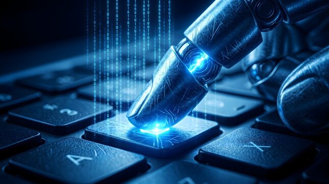 Robotic metallic finger pushing glowing key on computer keyboard with binary code rain