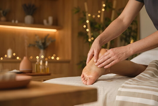Professional masseuse applying pressure point therapy on foot sole in luxury spa