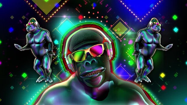 Animated Dancing Gorillas with Neon Lights and Geometric Patterns