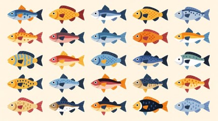 Fototapeta premium Set of colorful flat vector fish icons arranged in a grid pattern on a light background