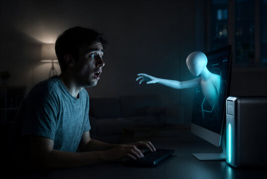 Scared man afraid of artificial intelligence, glowing humanoid AI avatar emerging from computer monitor, fear of technology and robot takeover concept