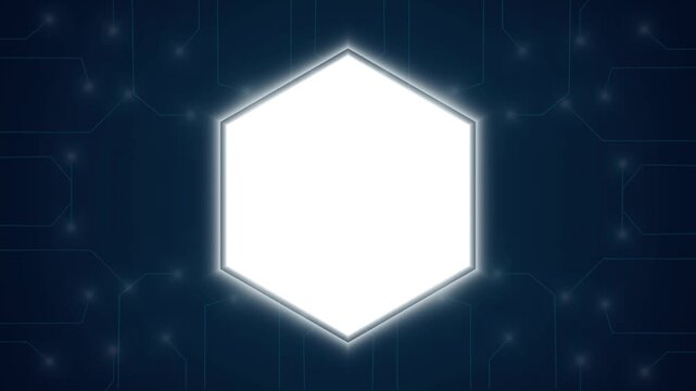 Hexagon frame animation glows on an electronic circuit board. Motherboard computing data routes on hexagon frame animation. Digital processor hardware drives frame.