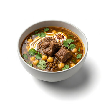 Authentic Moroccan Harira Soup Detail in White Bowl Close Up