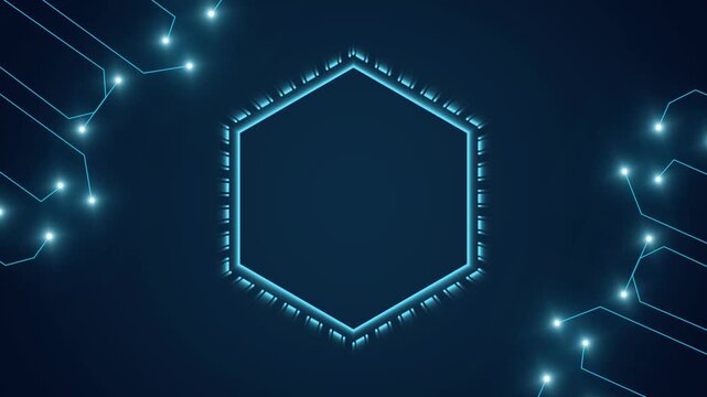 Hexagon frame animation displays circuit lines and nodes on dark. Motherboard computing data routes on hexagon frame. Modern digital processor hardware drives frame.