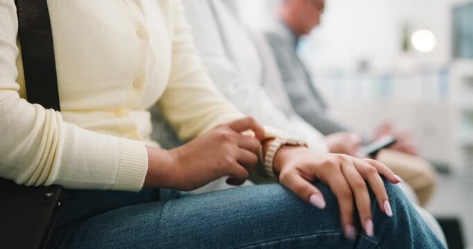 Waiting room, hand and check watch for interview appointment, nervous and time management for hr. Line, candidate recruitment and impatient woman with wristwatch, hiring opportunity delay or anxiety