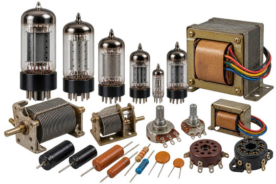 A collection of vintage electronic components including vacuum tubes, transformers, resistors, capacitors, and potentiometers , transparant backround, AI generative