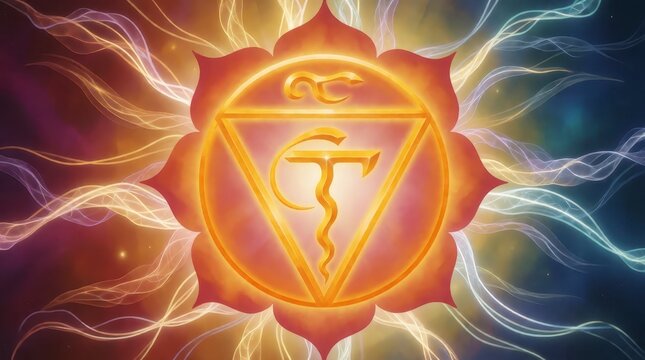 Sacral chakra symbol with glowing orange lotus petals and abstract energy waves on dark background