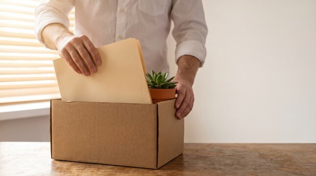 Man packing up personal belongings in a cardboard box after job loss or resignation.