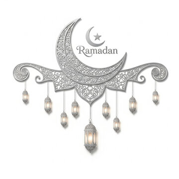Ornamental Ramadan Moon Crescent with Lanterns Decorative Illustration for Islamic Celebration