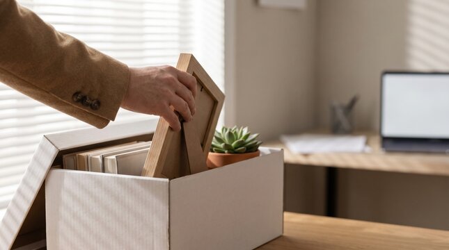 Person packing personal belongings into a box at an office desk, symbolizing a job change or moving out.