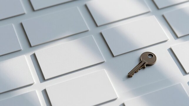 Metal key among blank business cards