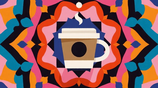 Coffee cup with steam on a vibrant colorful mandala pattern background for cafe marketing