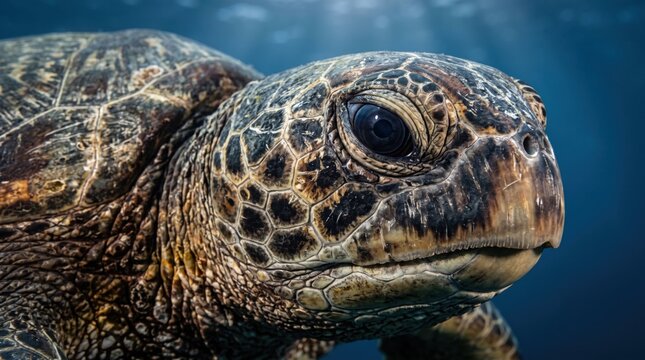 A detailed macro portrait of a sea turtle's textured head and eye, capturing intricate scale patterns underwater in blue tones.