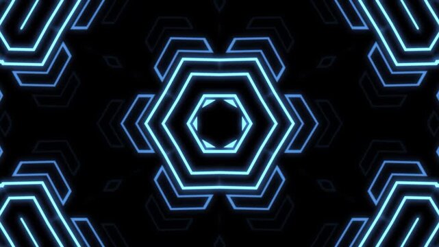 Glowing blue neon geometric pattern moving in hypnotic motion video footage