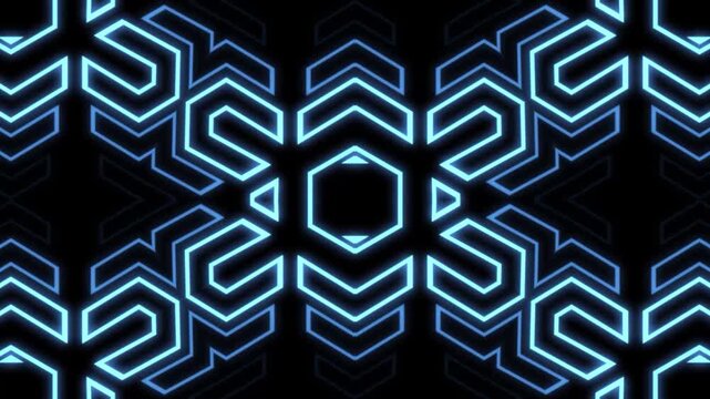 Blue glowing neon chevron patterns moving in digital animation motion background