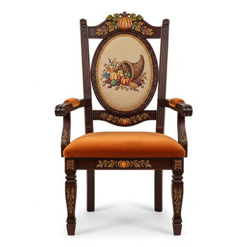 Ornate Wooden Chair with Cornucopia Embroidery Detail for Thanksgiving Decoration