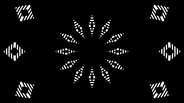 Abstract kaleidoscopic mandala motion footage with hypnotic black white geometric shapes