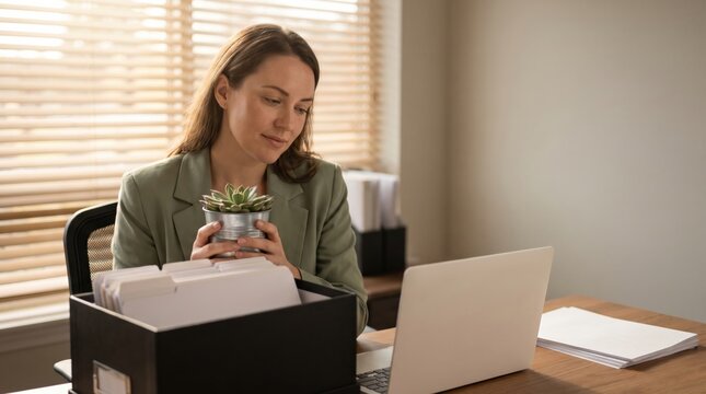 Sad woman holding a plant, packing her belongings after being fired from her job.