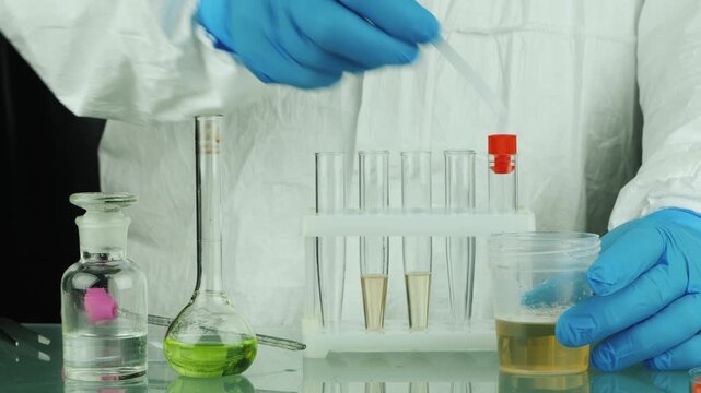 A male scientist in a white coat and blue gloves is conducting a urine test in a medical laboratory with test tubes and flasks.