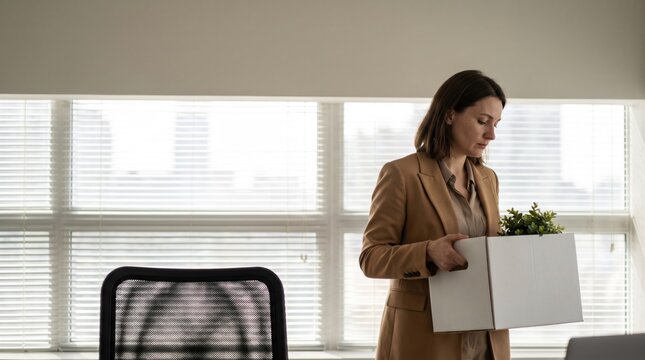 Sad young woman carrying box with belongings after being fired from job.