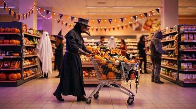 Plague doctor pushes a cart of pumpkins and Halloween decorations through a festively decorated supermarket