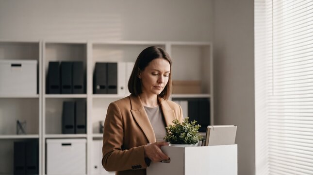 Sad young woman packing personal belongings into a box after being fired from her job.