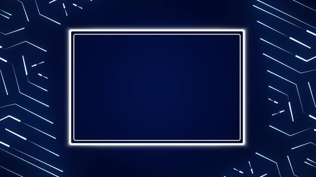 Technology background animation frames a rectangular display. Circuit lines route data across technology background. Modern digital computing hardware drives it.
