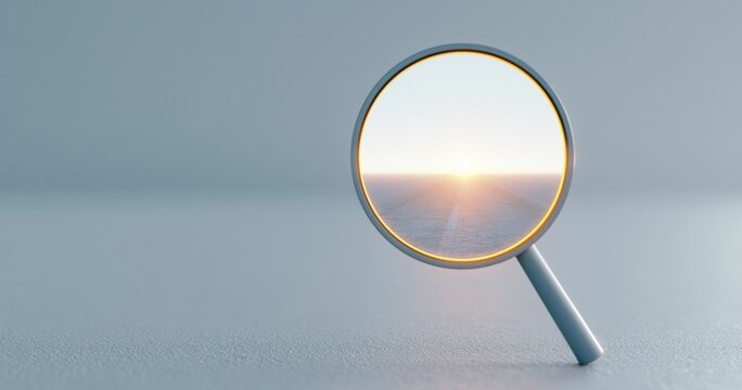 Magnifying glass focusing on sunrise horizon
