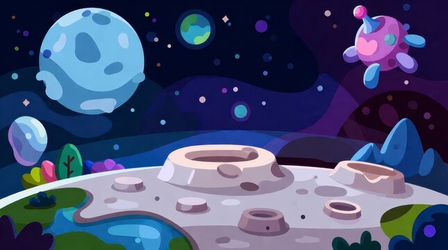 Cartoon space landscape with craters and planets in a colorful galaxy background with copy space
