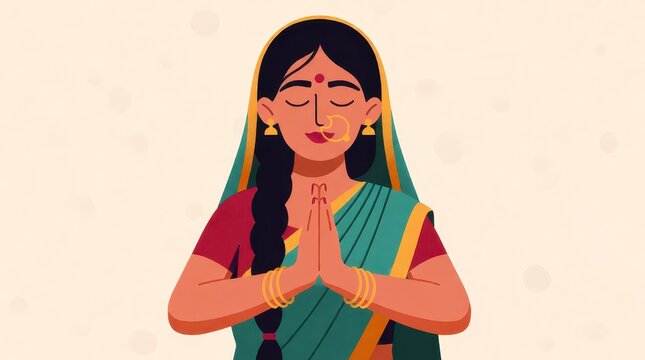 Diwali celebration illustration of an Indian woman in traditional saree greeting with namaste gesture