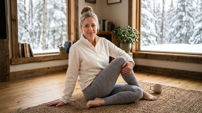 Woman smiling sitting on mat indoors by window with snowy view, winter wellness and self care