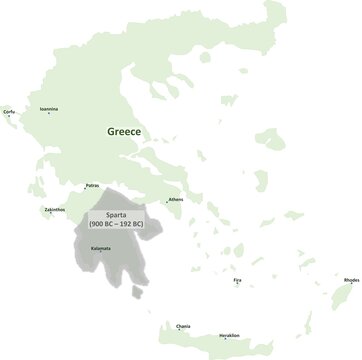 Historical Map Vector of Ancient Sparta Region in Greece Highlighted from 900 BC to 192 BC
