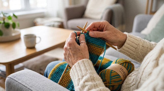 Elderly hands knitting with yarn and needles in cozy living room, creative hobby and relaxation