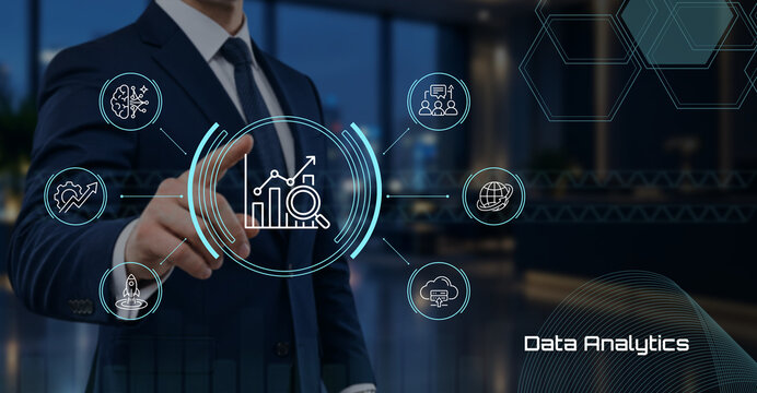 Business professional interacting with digital data analytics dashboard featuring graph, magnifying glass, and connected business icons