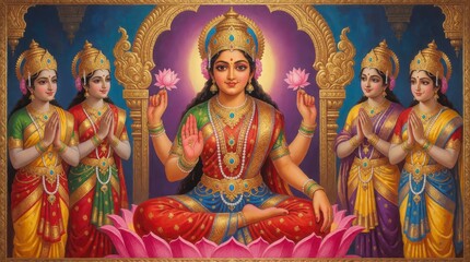 Fototapeta premium Goddess Lakshmi sitting on a lotus flower with four devotees in a traditional Indian temple setting