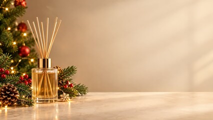 Fototapeta premium Christmas Reed Diffuser Candle With Pine Branches And Pinecones On A Marble Table Surface With Warm Festive Background Lights And Cozy Holiday Home Decor For Winter Season Gift Ideas