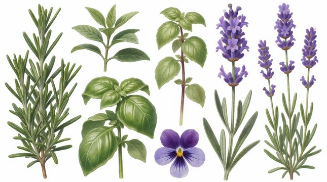 Set of hand drawn botanical illustrations featuring lavender rosemary basil and violet on white