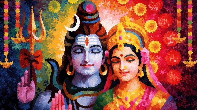 Lord Shiva and Goddess Parvati illustration for Maha Shivaratri festival celebration