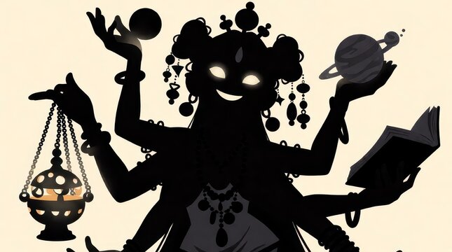 Multi-armed deity silhouette holding celestial objects and incense burner on a light background