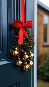 Christmas decoration hanging on a front door for holidays