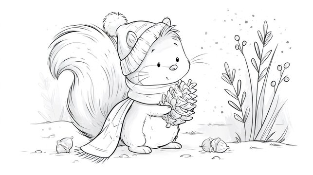 Cute squirrel wearing winter hat scarf holding pinecone