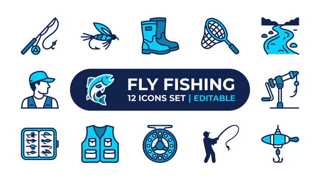 Fly Fishing Icons Set: A comprehensive collection of 12 blue line art icons representing various aspects of fly fishing, including equipment, angler, and river.